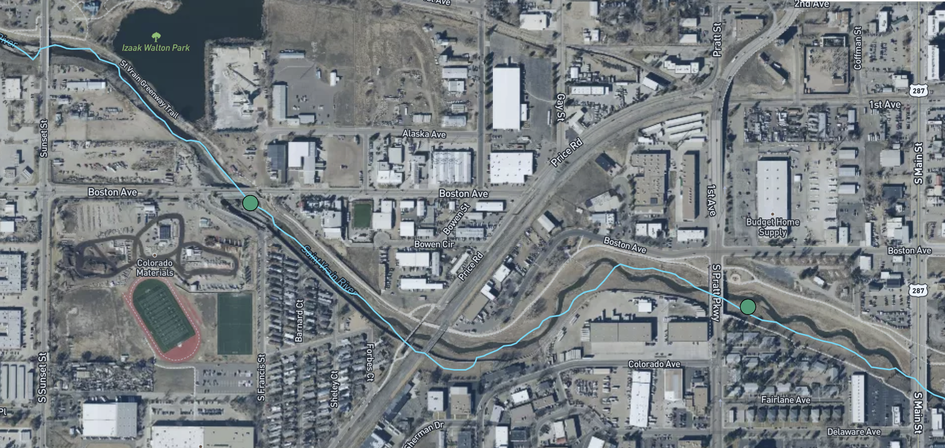 Aerial map of St. Vrain Creek through Longmont showing monitoring locations M8.4-SV near Boston Ave and M8.2-SV near S Pratt Parkway